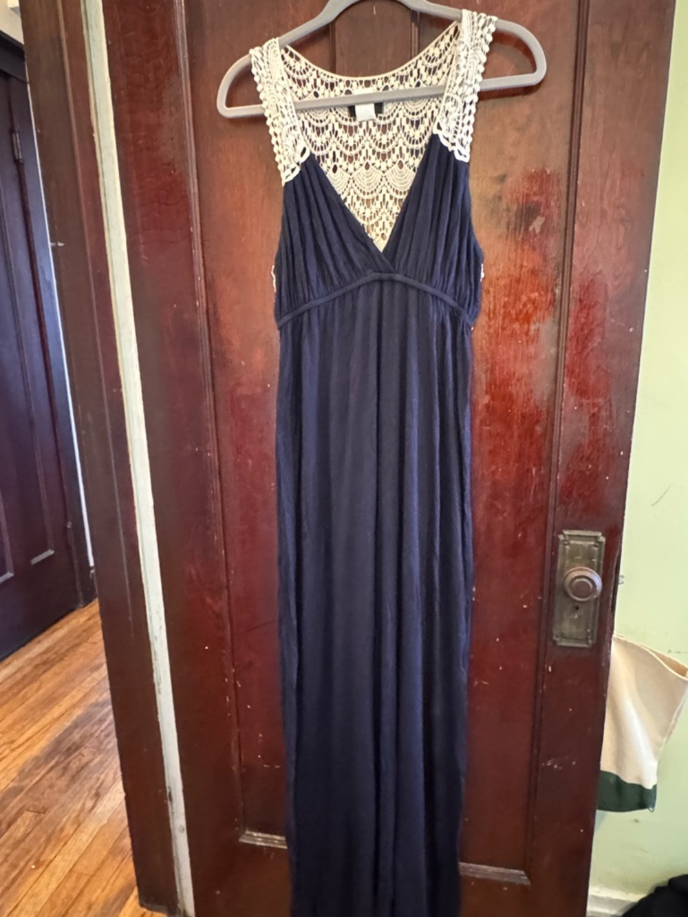 Aqua Navy Maxi Dress with Cream Crochet Yoke